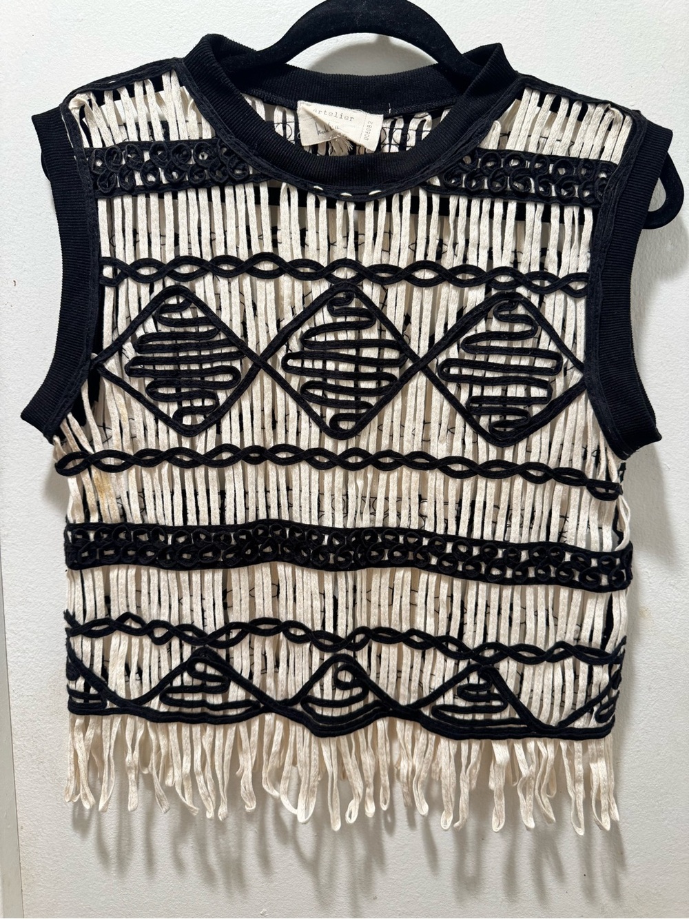 Nicole Miller Sleeveless Fringe Top with Black Geometric Trim
